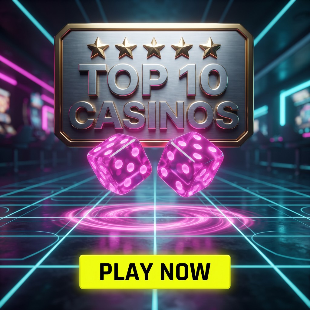 Glowing pink dice under five gold stars with a Top 10 Casinos plaque and Play Now button in a neon casino setting